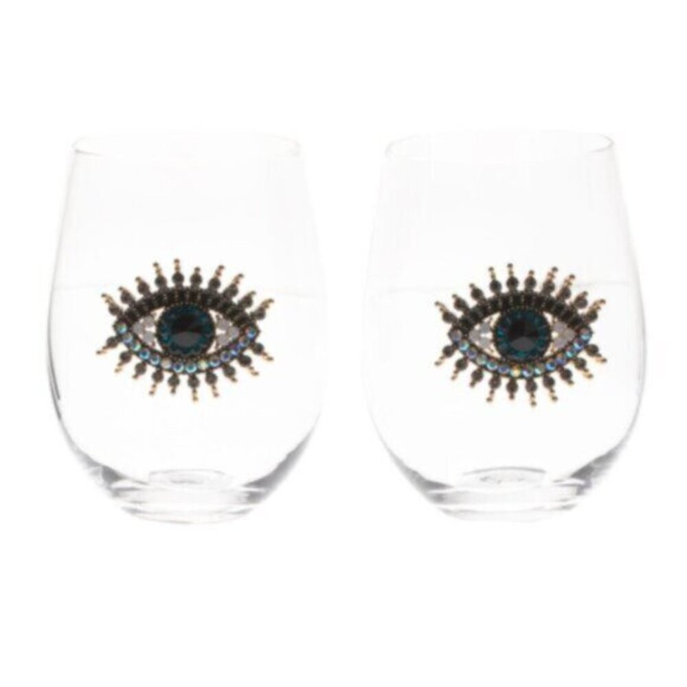Rachel Zoe 2 Pc Jewel Rhinestone Hamsa Evil Eye Stemless Wine Glasses - Picture 4 of 10